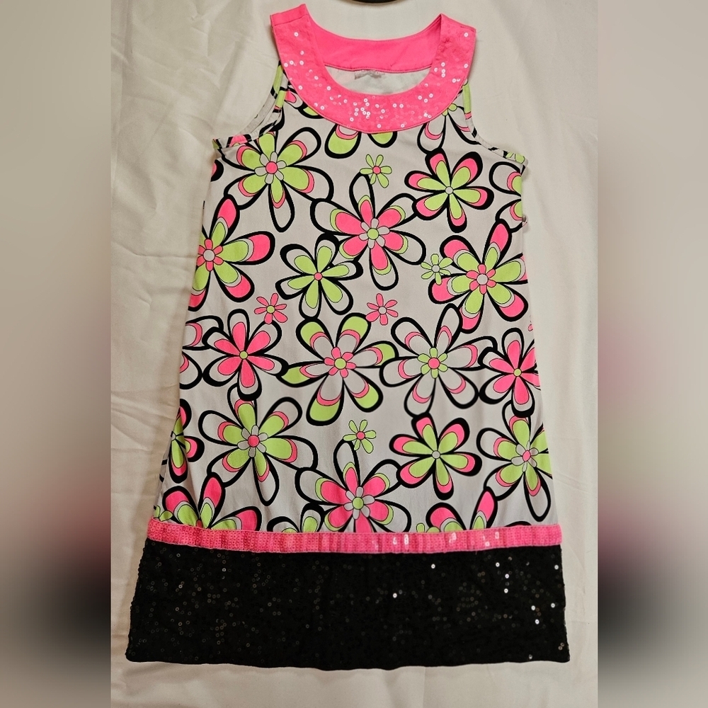 Unbranded Girls White & Flower Dress With Sequins On Top & Bottom Size Large